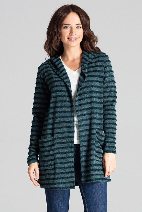 Sweter damski z kapturem z dzianiny w ozdobne poziome paski zielony L070 Sweter damski z kapturem z dzianiny w ozdobne poziome paski zielony L070