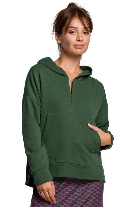 Bluza damska z kapturem i kieszenią kangurek dzianina zielona B166 Bluza damska z kapturem i kieszenią kangurek dzianina zielona B166