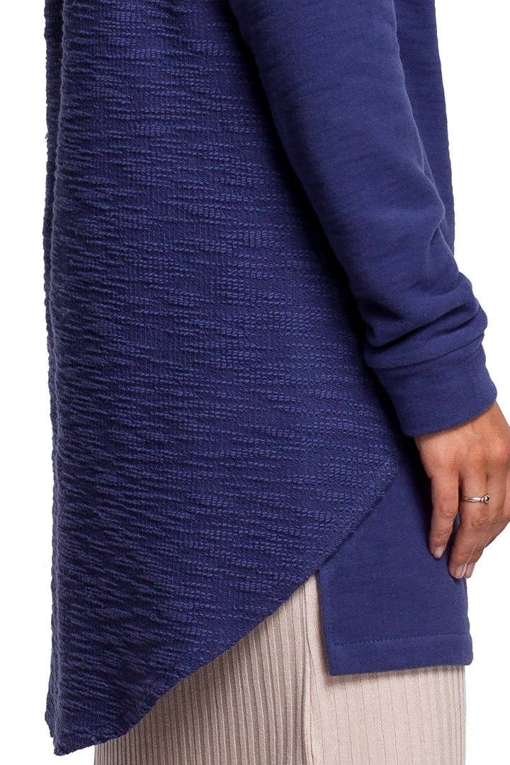 Długa bluza damska asymetryczna z kapturem dzianinowa indygo B176