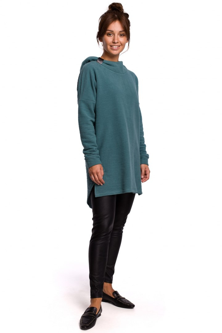 Długa bluza damska asymetryczna z kapturem dzianinowa turkusowa B176