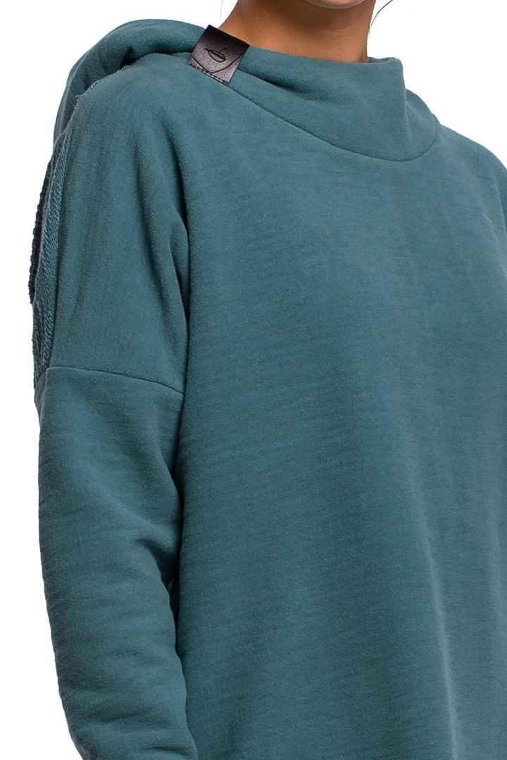 Długa bluza damska asymetryczna z kapturem dzianinowa turkusowa B176