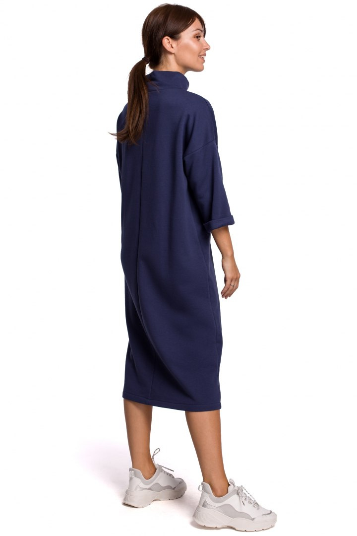 Sukienka bawełniana midi z ozdobnym wiązaniem rękaw 3/4 niebieska B181