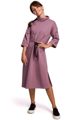 Sukienka bawełniana midi z ozdobnym wiązaniem rękaw 3/4 wrzosowa B181