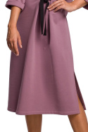 Sukienka bawełniana midi z ozdobnym wiązaniem rękaw 3/4 wrzosowa B181