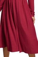 Sukienka rozkloszowana z dekoltem V i długim rękawem wiśniowa B171
