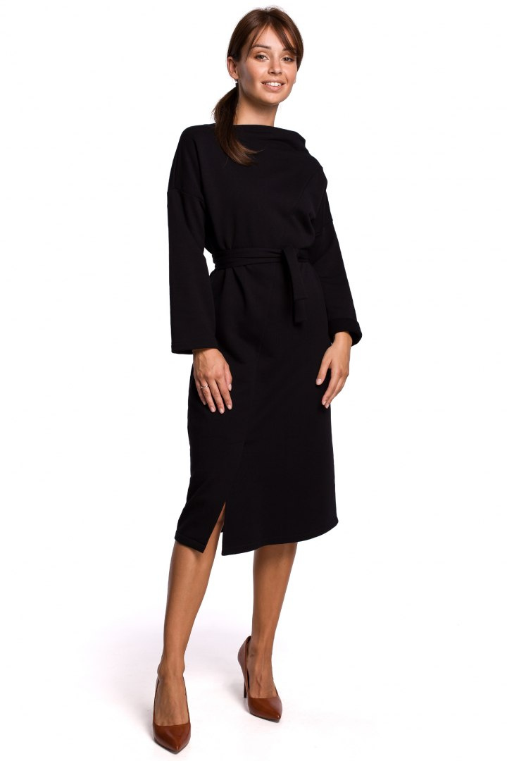 Elegancka sukienka midi z paskiem asymetryczny dekolt czarna B178