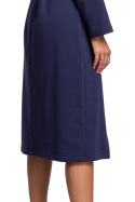 Elegancka sukienka midi z paskiem asymetryczny dekolt niebieska B178