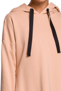 Długa bluza damska z kapturem i asymetrycznym rozcięciem beżowa B179