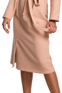 Elegancka sukienka midi z paskiem asymetryczny dekolt beżowa B178