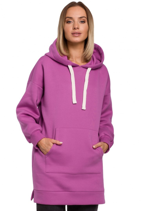 Długa bluza damska oversize z kapturem i kieszenią lawendowa me534 Długa bluza damska oversize z kapturem i kieszenią lawendowa me534