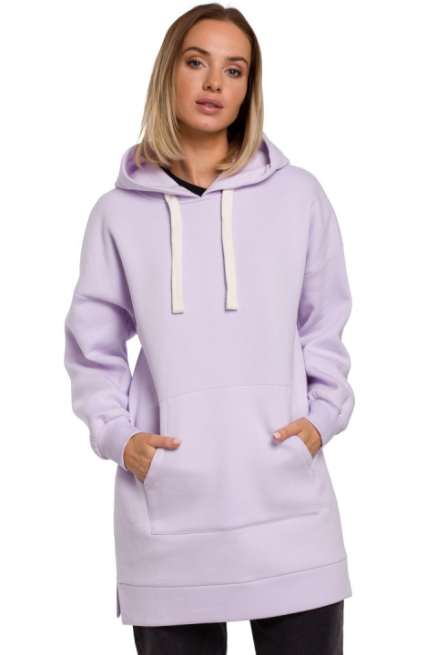 Długa bluza damska oversize z kapturem i kieszenią liliowa me534 Długa bluza damska oversize z kapturem i kieszenią liliowa me534