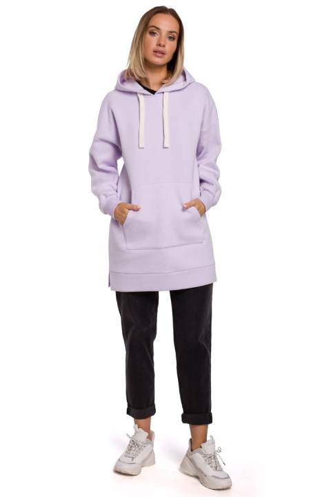 Długa bluza damska oversize z kapturem i kieszenią liliowa me534 Długa bluza damska oversize z kapturem i kieszenią liliowa me534
