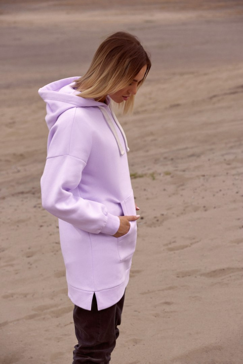 Długa bluza damska oversize z kapturem i kieszenią liliowa me534 Długa bluza damska oversize z kapturem i kieszenią liliowa me534
