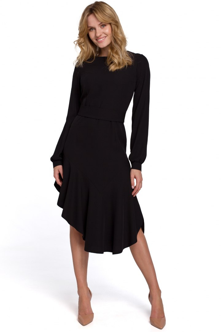 Sukienka asymetryczna midi z falbaną i długim rękawem czarna K077