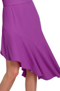 Sukienka asymetryczna midi z falbaną i długim rękawem lawendowa K077