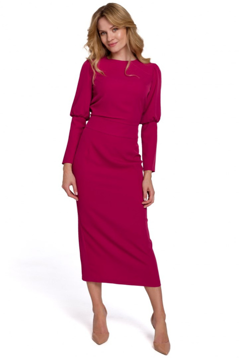 Elegancka sukienka ołówkowa midi z długim rękawem śliwkowa K079 Elegancka sukienka ołówkowa midi z długim rękawem śliwkowa K079