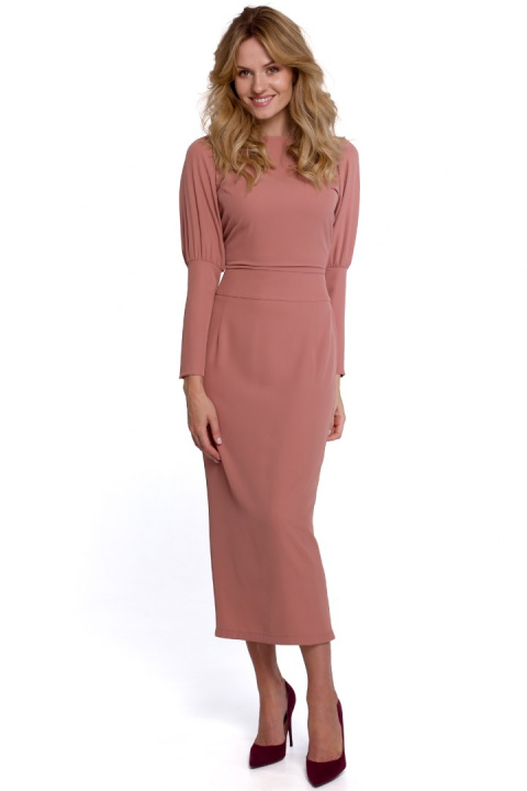 Elegancka sukienka ołówkowa midi z długim rękawem różana K079 Elegancka sukienka ołówkowa midi z długim rękawem różana K079