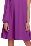 Sukienka rozkloszowana midi na jedno ramię długi rękaw lawendowa K081