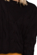Sweter damski z warkoczowym splotem i okrągłym dekoltem czarny me539