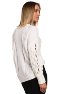 Sweter damski z warkoczowym splotem i okrągłym dekoltem ecru me539