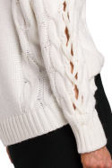 Sweter damski z warkoczowym splotem i okrągłym dekoltem ecru me539