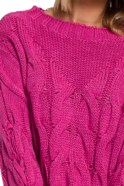 Sweter damski z warkoczowym splotem i okrągłym dekoltem fuksja me539 Sweter damski z warkoczowym splotem i okrągłym dekoltem fuksja me539
