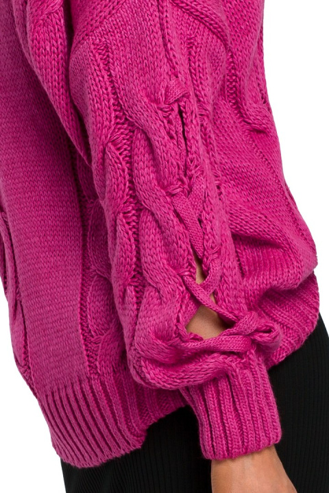 Sweter damski z warkoczowym splotem i okrągłym dekoltem fuksja me539 Sweter damski z warkoczowym splotem i okrągłym dekoltem fuksja me539