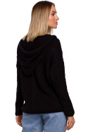 Sweter damski z kapturem i warkoczowym splotem czarny me540