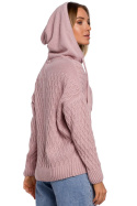 Sweter damski z kapturem i warkoczowym splotem różowy me540
