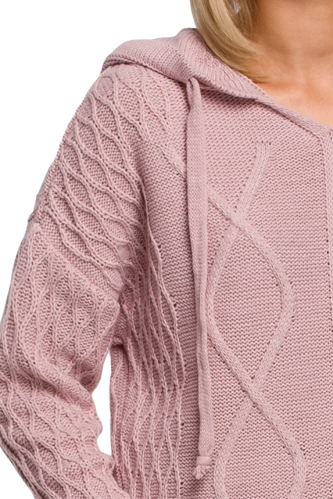 Sweter damski z kapturem i warkoczowym splotem różowy me540 Sweter damski z kapturem i warkoczowym splotem różowy me540
