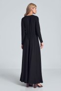 Sukienka maxi z długim rękawem gumką w pasie i dekoltem V czarna M705