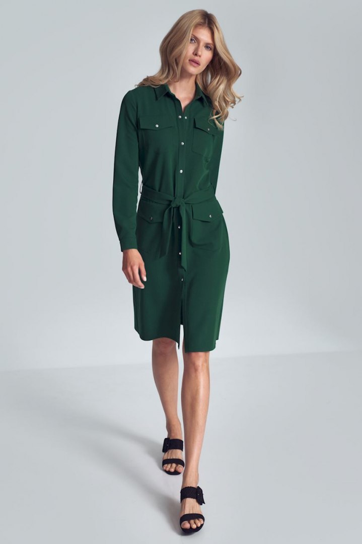 Sukienka koszulowa midi z długim rękawem wiązana w pasie zielona M706