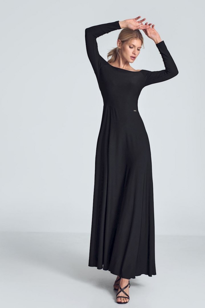 Sukienka maxi z długim rękawem i odkrytymi ramionami czarna M707
