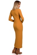 Sukienka dopasowana maxi z rozcięciem i długim rękawem musztardowa me544