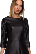 Sukienka midi trapezowa ze sztucznej skóry rękaw 3/4 czarna me541
