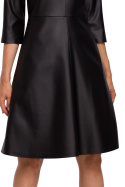 Sukienka midi trapezowa ze sztucznej skóry rękaw 3/4 czarna me541