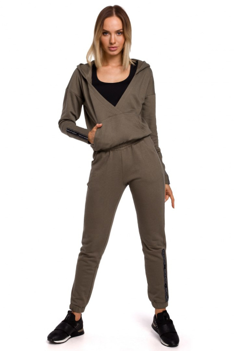 Bluza damska dresowa z kopertowym dekoltem i kapturem khaki me552 Bluza damska dresowa z kopertowym dekoltem i kapturem khaki me552