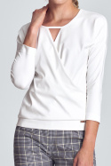 Krótka bluzka damska z wiskozy z rękawem 3/4 i dekoltem V ecru M710