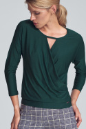 Krótka bluzka damska z wiskozy z rękawem 3/4 i dekoltem V zielona M710