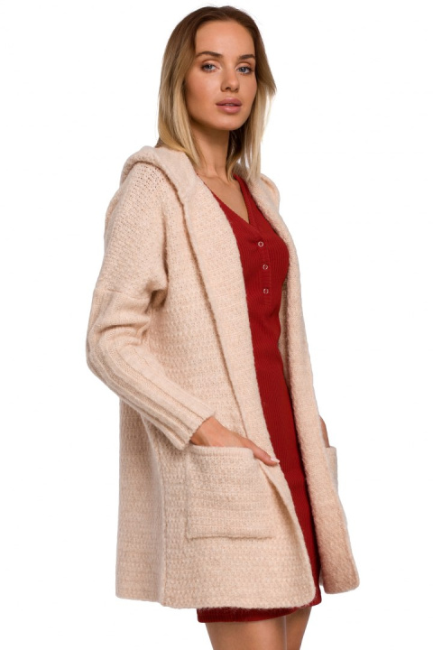 Kardigan damski oversize z kapturem i kieszeniami beżowy me556 Kardigan damski oversize z kapturem i kieszeniami beżowy me556