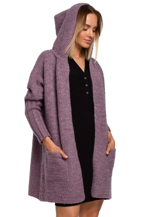 Kardigan damski oversize z kapturem i kieszeniami wrzosowy me556 Kardigan damski oversize z kapturem i kieszeniami wrzosowy me556