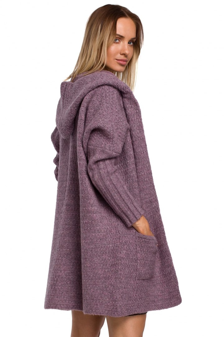 Kardigan damski oversize z kapturem i kieszeniami wrzosowy me556 Kardigan damski oversize z kapturem i kieszeniami wrzosowy me556