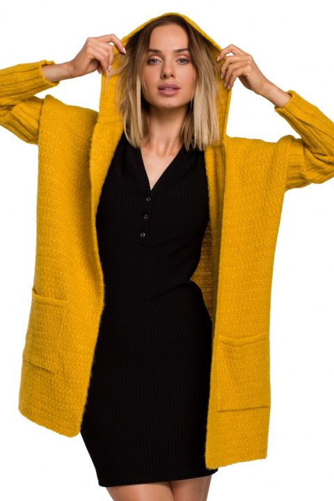 Kardigan damski oversize z kapturem i kieszeniami miodowy me556 Kardigan damski oversize z kapturem i kieszeniami miodowy me556