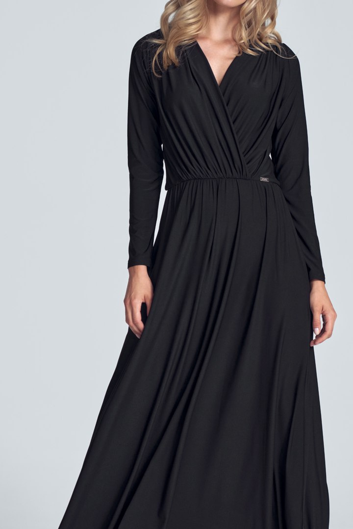 Sukienka maxi z długim rękawem gumką w pasie i dekoltem V czarna M705