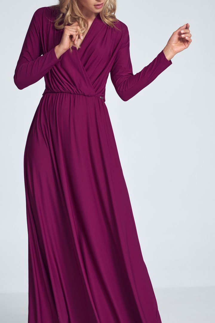 Sukienka maxi z kopertowym dekoltem oraz długim rękawem fuksja M705
