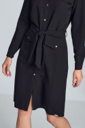 Sukienka koszulowa midi z długim rękawem wiązana w pasie czarna M706