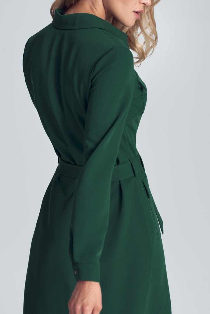 Sukienka koszulowa midi z długim rękawem wiązana w pasie zielona M706