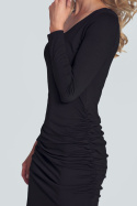 Sukienka midi dopasowana z długim rękawem marszczona czarna M714