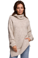 Sweter damski gruby oversize z golfem i ściągaczem beżowy BK047