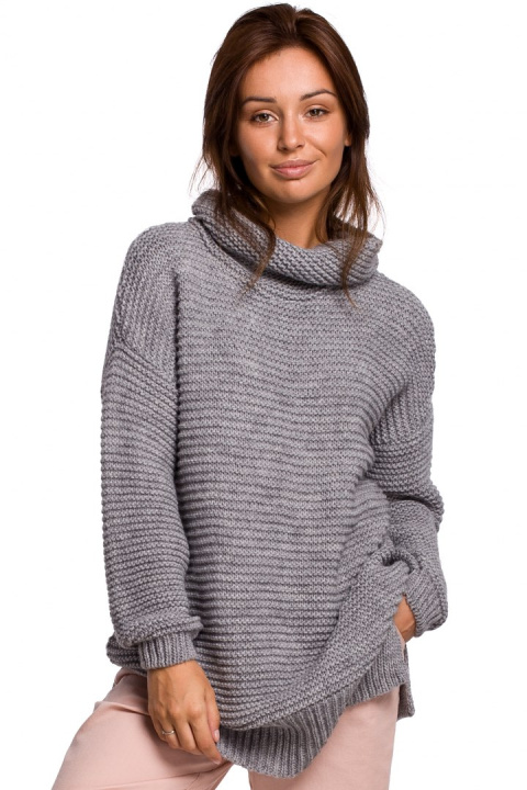 Sweter damski gruby oversize z golfem i ściągaczem szary BK047